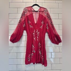 FREE PEOPLE - boho chic dress. Sheer shoulder, embroidered detail